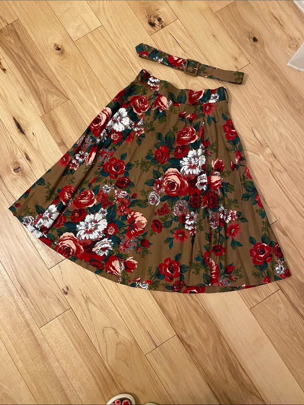 Brooks Brothers Brown A-Line Skirt with Red & White Floral Print
